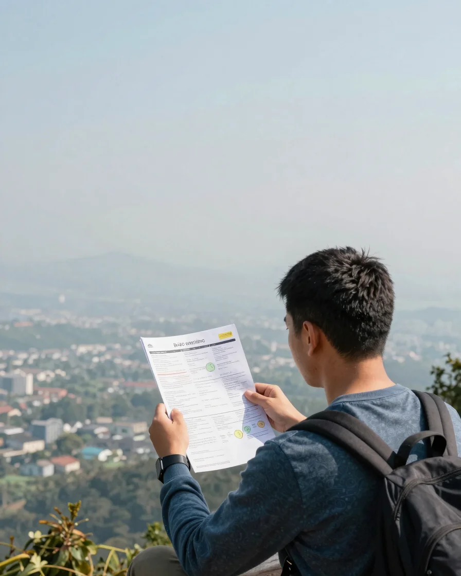 Wide natural daylight travel scene of a traveler reviewing a printed itinerary at a calm outdoor viewpoint, soft colors,