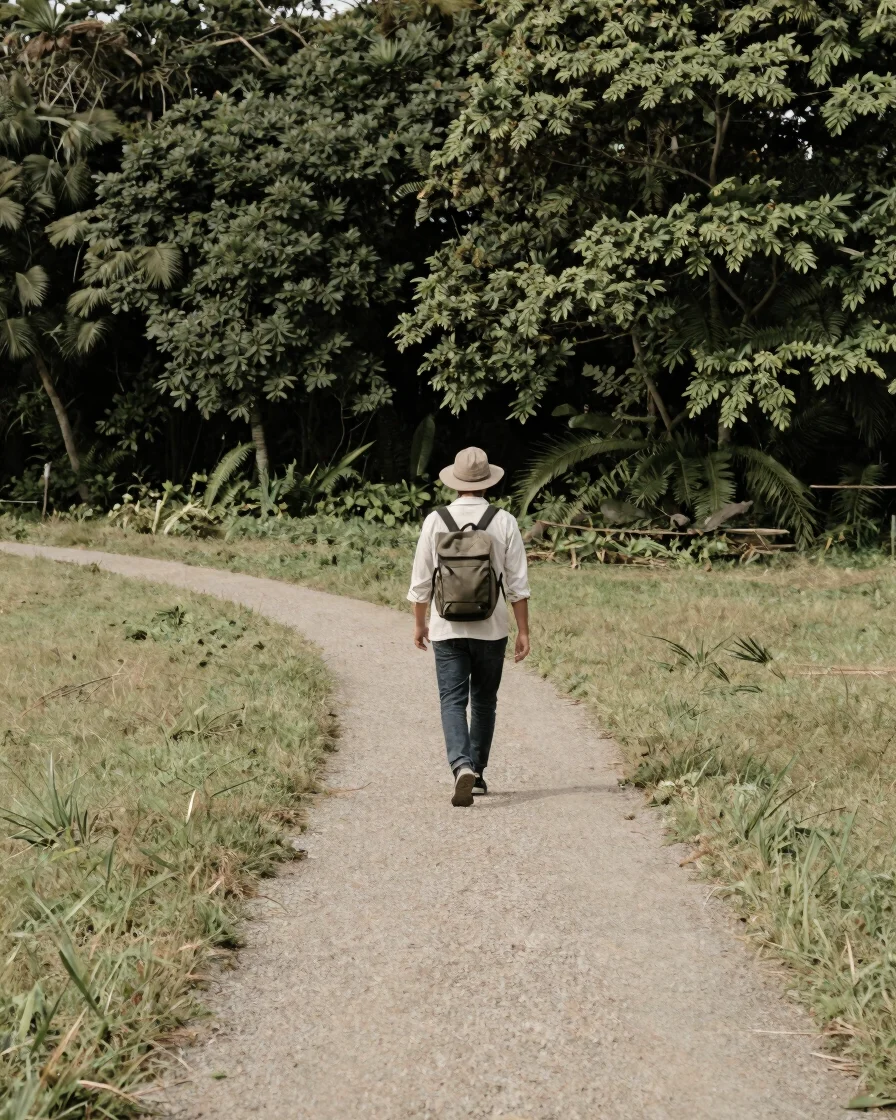 Wide environmental travel scene under soft natural daylight, a traveler with a small bag walking along an open path at a